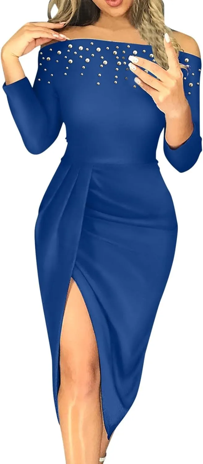 Women Fashion Party Dress Solid Cold Shoulder Beads 3/4 Sleeves Medium Length Irregular Dress Casual Skirts for