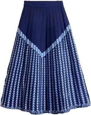 Women High Waist Knitted Midi Skirt Black Gray Beige A-Line Vintage Print Pleated Skirt