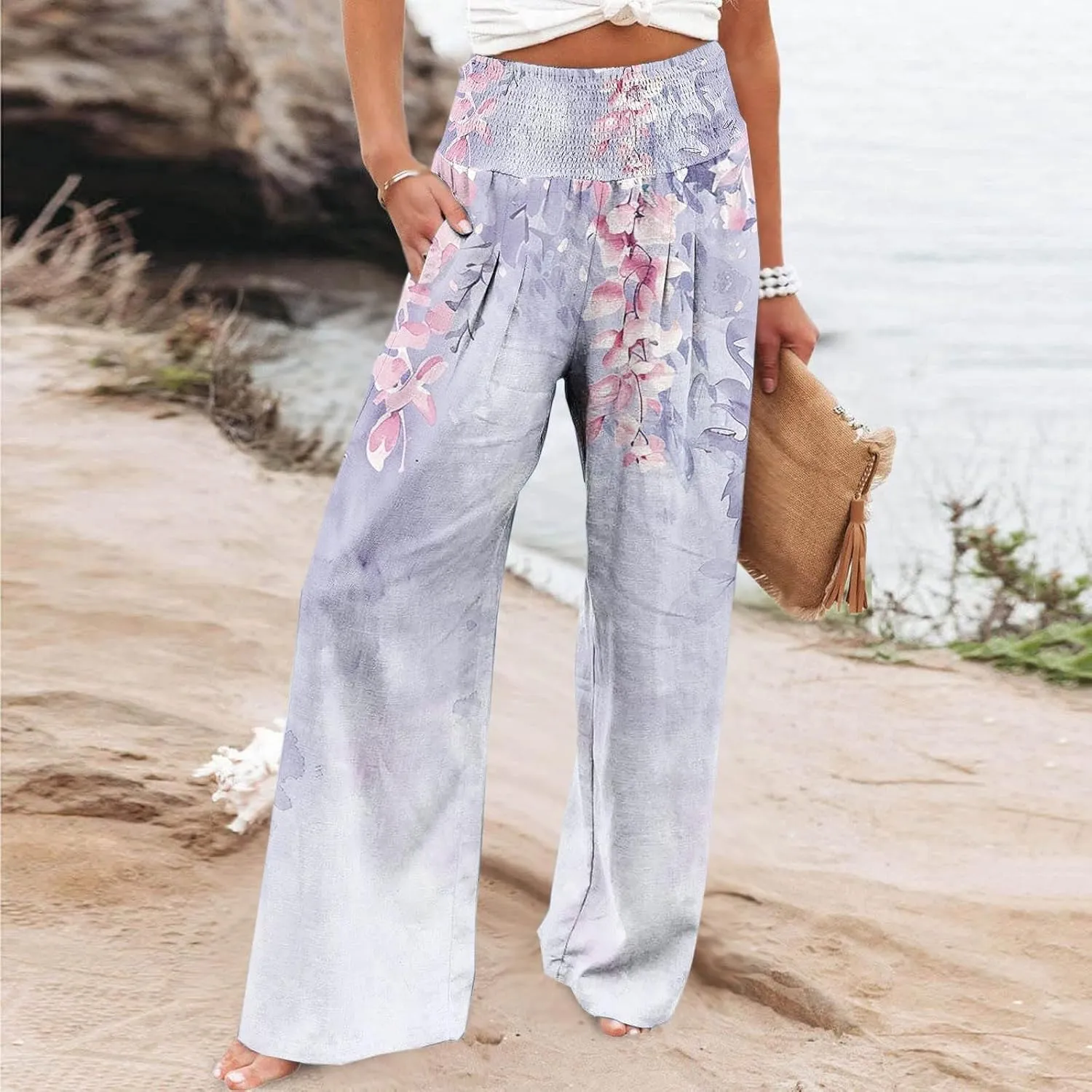 Women High Waisted Wide Leg Pants Fashion Graphic Linen Pants Summer Pants Casual Pants Trousers with Pockets