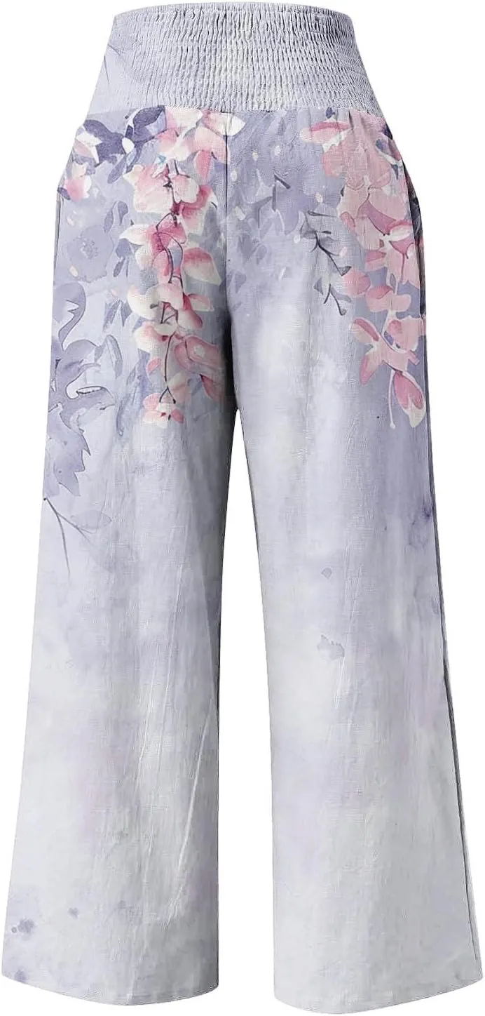 Women High Waisted Wide Leg Pants Fashion Graphic Linen Pants Summer Pants Casual Pants Trousers with Pockets