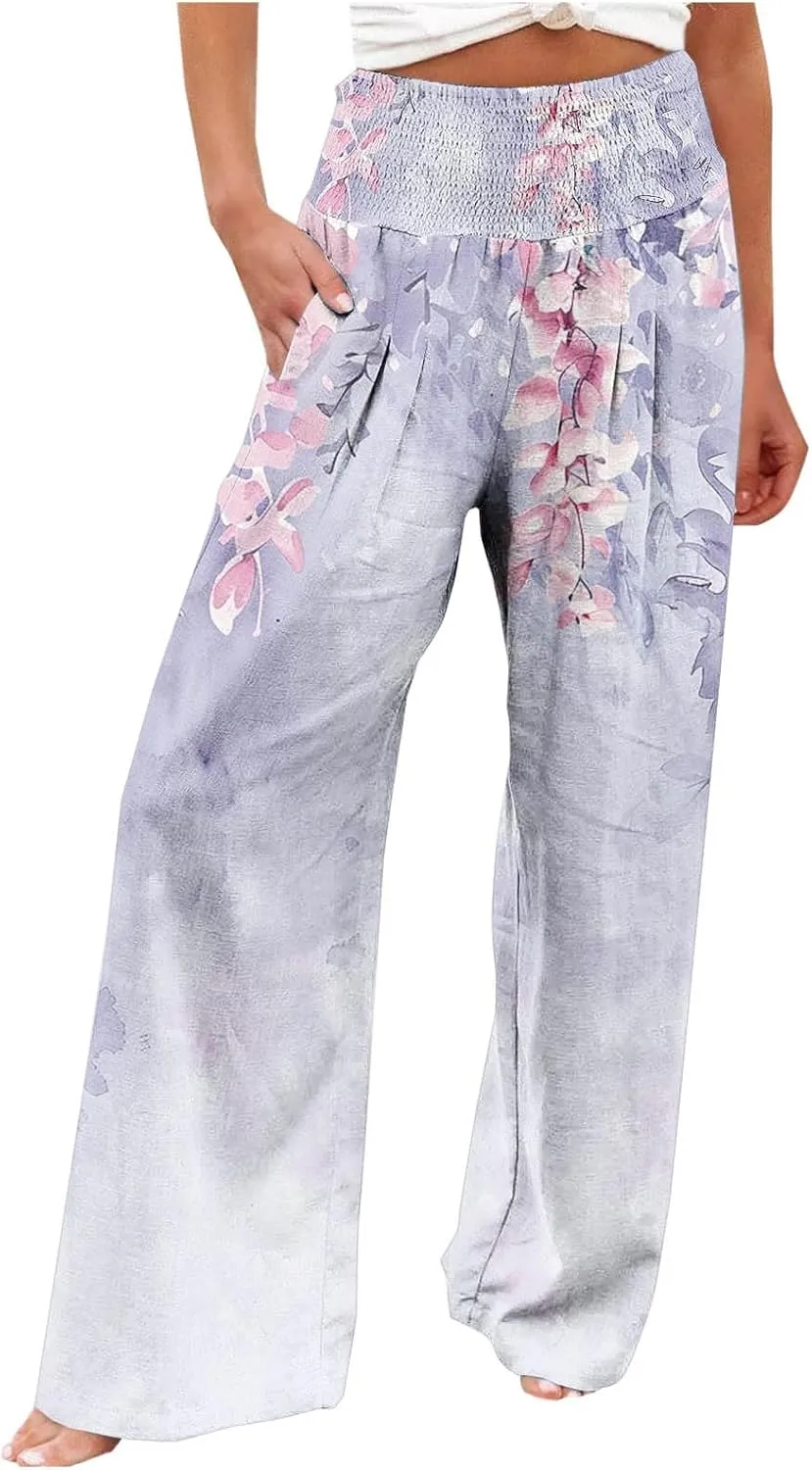 Women High Waisted Wide Leg Pants Fashion Graphic Linen Pants Summer Pants Casual Pants Trousers with Pockets