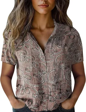 Women Linen Shirts Button Down Colorful Stripe Print V Neck Collared Tops Daily t Shirts Summer Shirts for Women 2025
