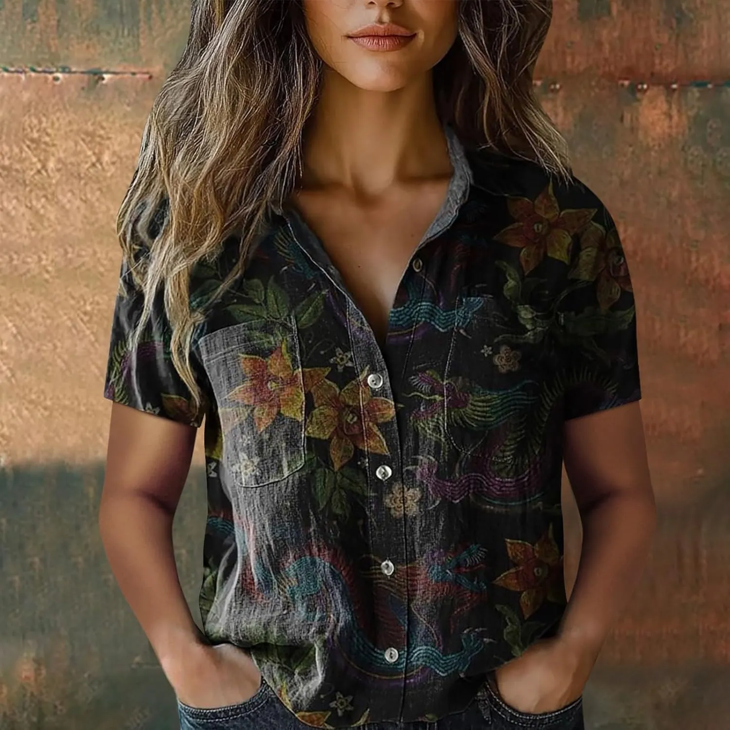 Women Linen Shirts Button Down Colorful Stripe Print V Neck Collared Tops Daily t Shirts Summer Shirts for Women 2025