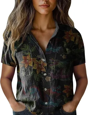 Women Linen Shirts Button Down Colorful Stripe Print V Neck Collared Tops Daily t Shirts Summer Shirts for Women 2025