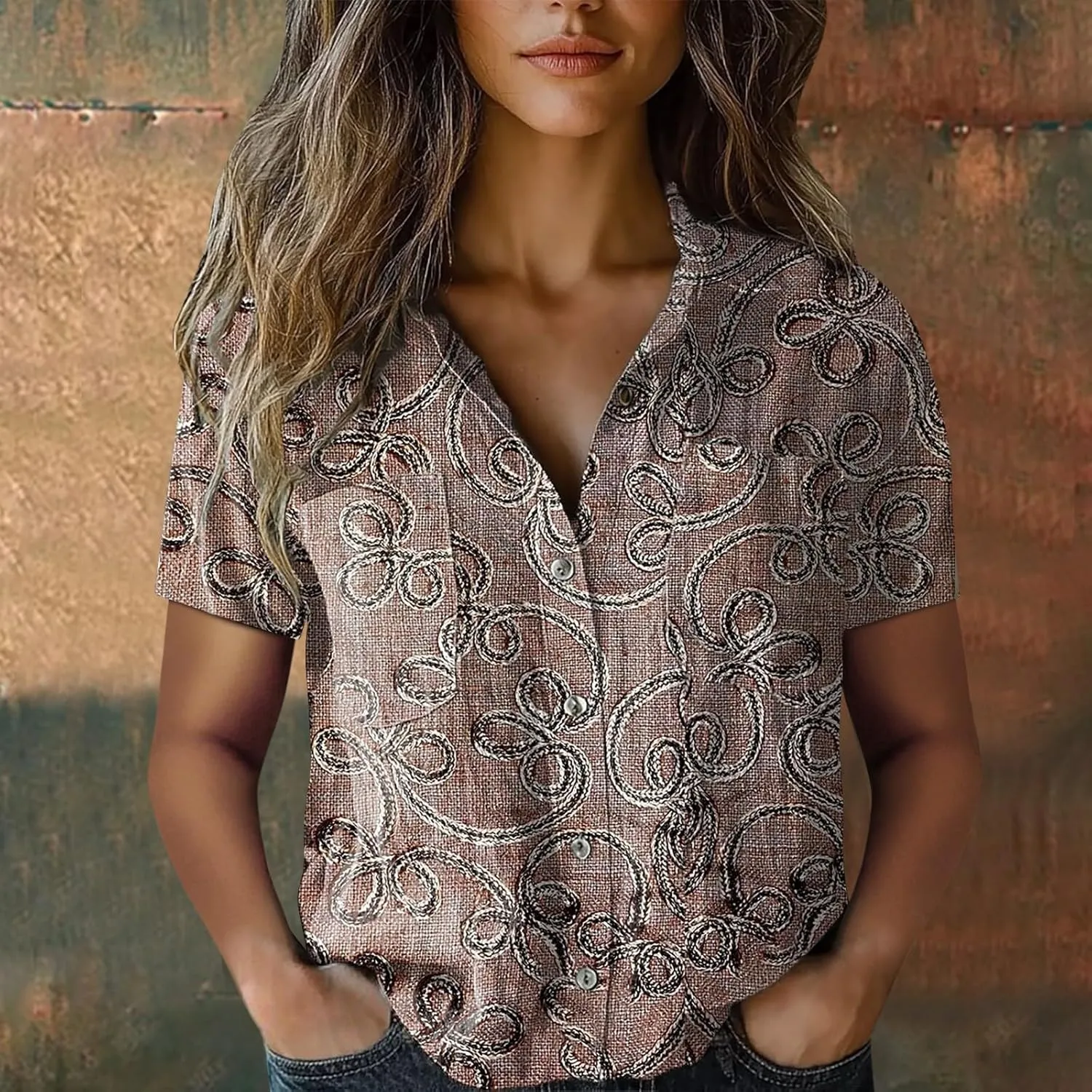 Women Linen Shirts Button Down Colorful Stripe Print V Neck Collared Tops Daily t Shirts Summer Shirts for Women 2025
