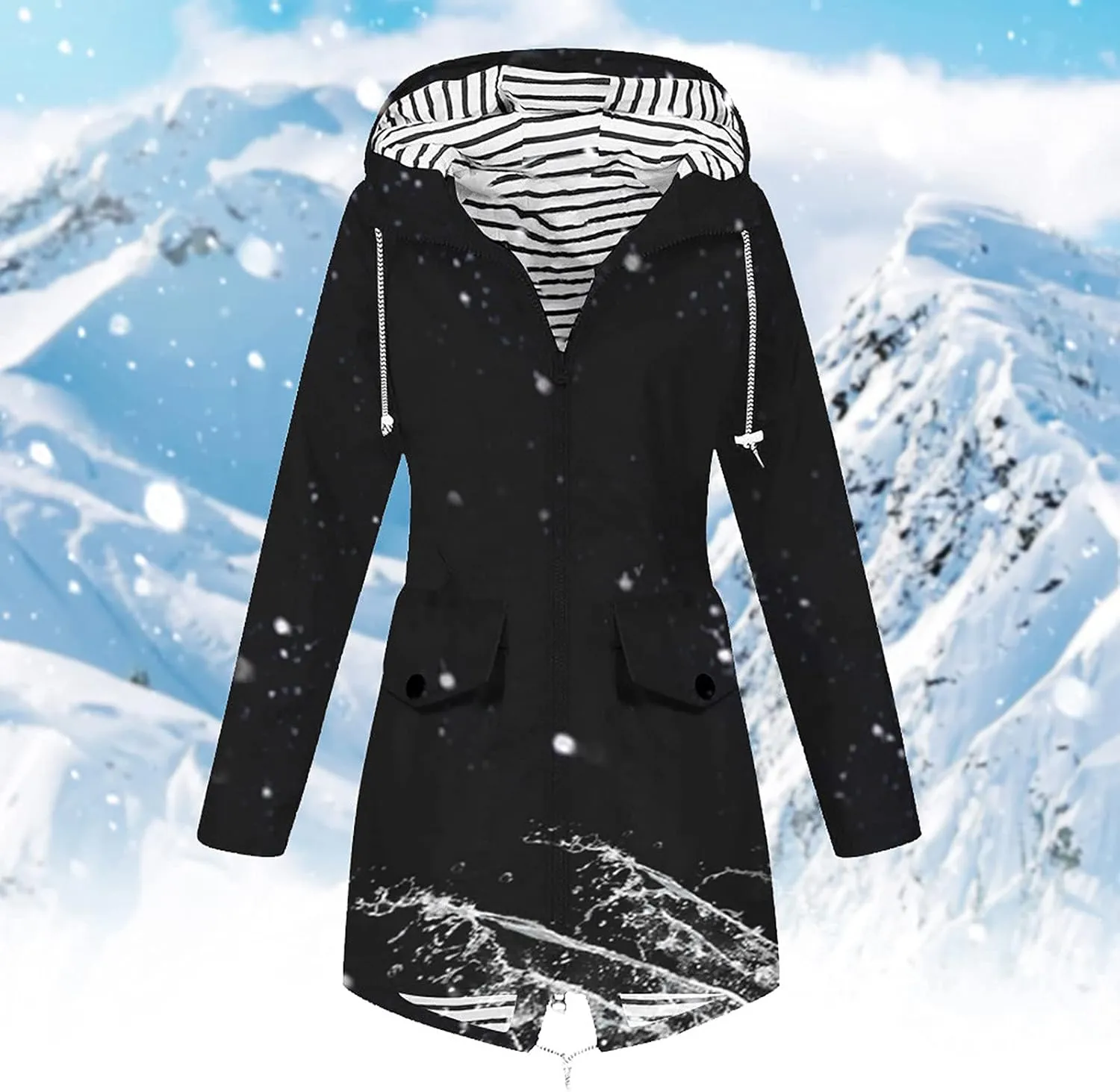 Women Solid Rain Jacket Outdoor Plus Size Long Hooded Windproof Loose Coats Female Down Jackets Travel Trench