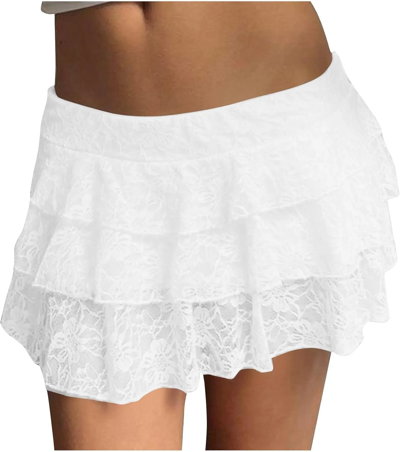Women Tiered Ruffle Smocked Casual Shorts, Fashion Lace High Waisted Mini Flowy Skort Summer Streetwear Trendy Clothes