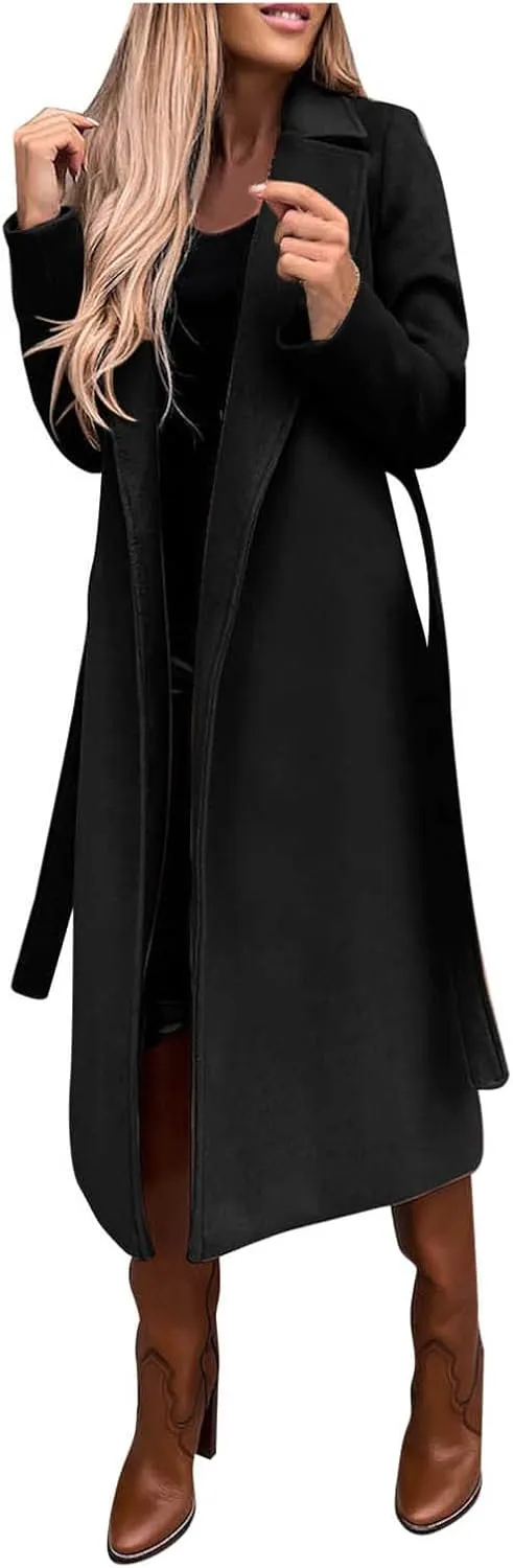 Women Winter Windproof Coat Open Front Cardigan Woolen Blend Long Trench Casual Retro Lapel Elegant Outwear with Belt