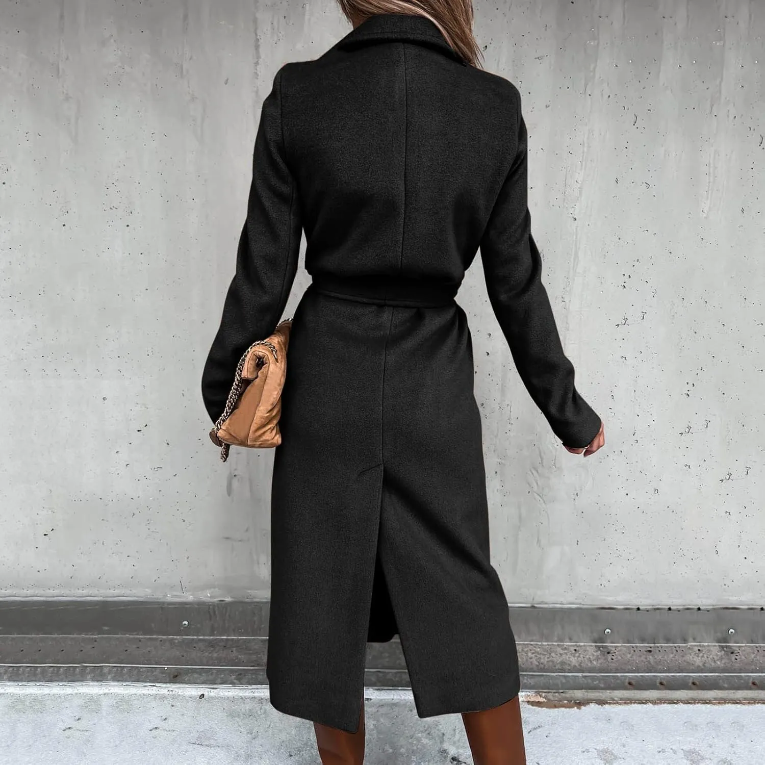 Women Winter Windproof Coat Open Front Cardigan Woolen Blend Long Trench Casual Retro Lapel Elegant Outwear with Belt