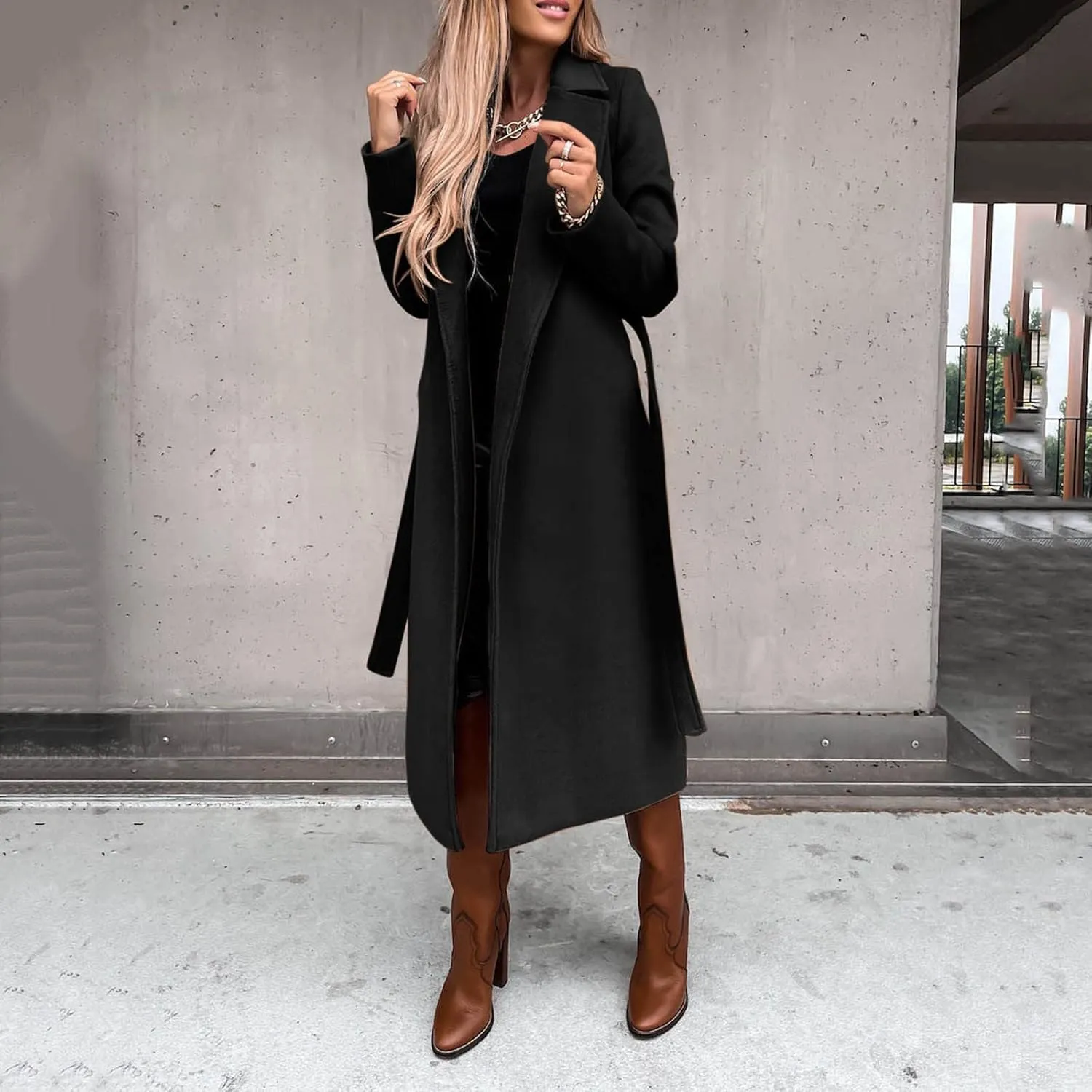 Women Winter Windproof Coat Open Front Cardigan Woolen Blend Long Trench Casual Retro Lapel Elegant Outwear with Belt