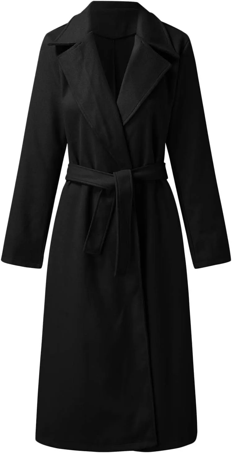 Women Winter Windproof Coat Open Front Cardigan Woolen Blend Long Trench Casual Retro Lapel Elegant Outwear with Belt