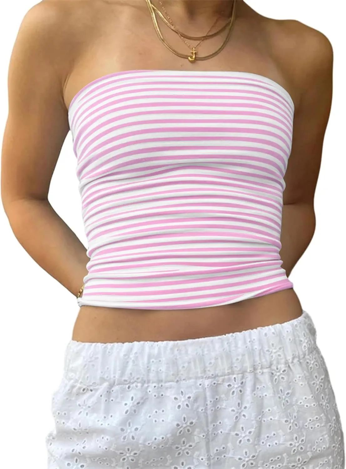 Women Y2k Striped Bandeau Tube Top Aesthetic Strapless Backless Crop Tank Tops Teen Girls Preppy Clothes Summer