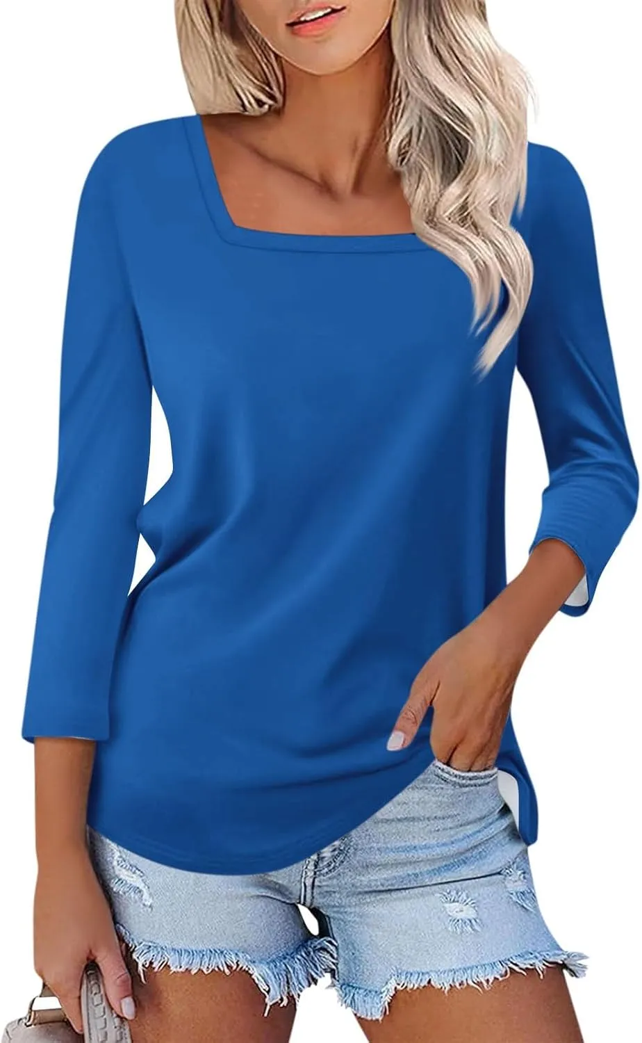 Womens 3/4 Sleeve Tops and Blouses Square Neck Holiday Cute Shirts Dressy Casual Three Quarter Workout Tunic Tops