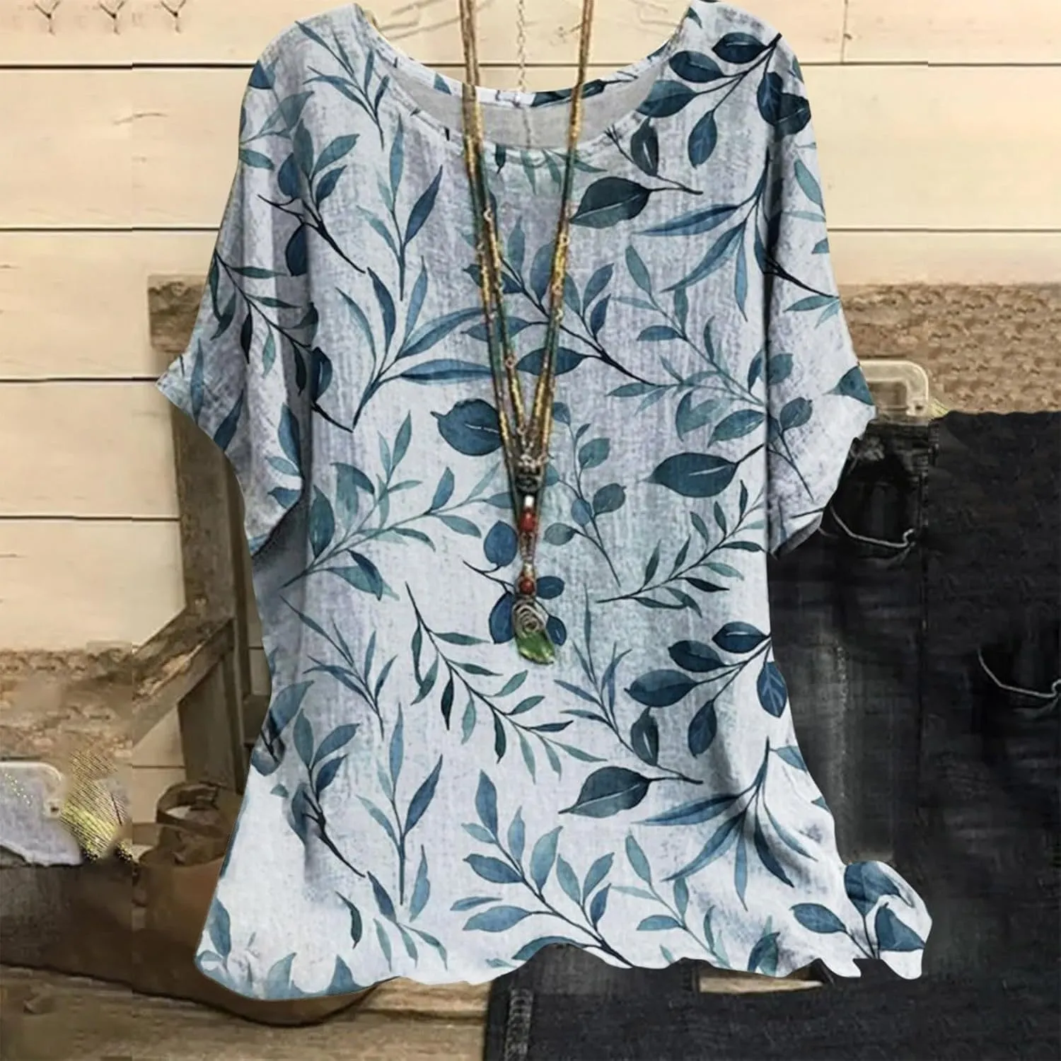 Women's Boho Floral Print Short Sleeve Linen Shirts Loose Fit Crewneck Tie Dye Summer Blouses Soft Breathable T-Shirt