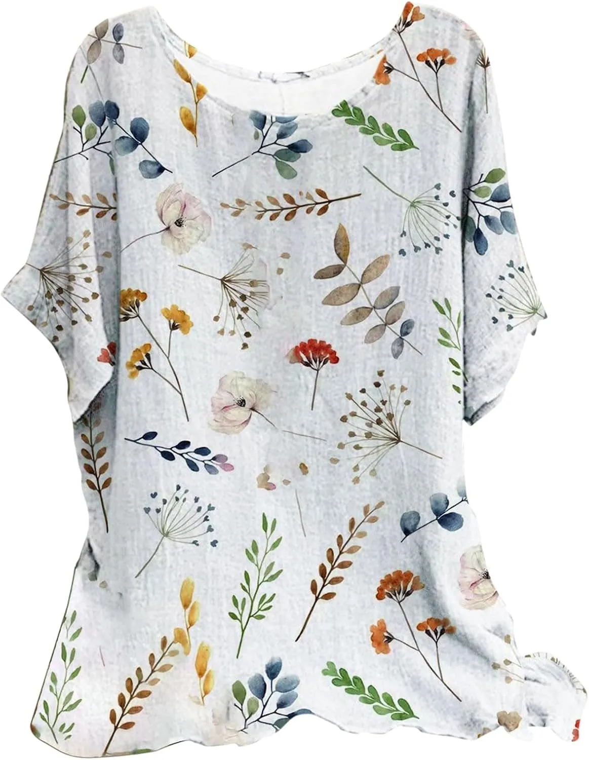Women's Boho Floral Print Short Sleeve Linen Shirts Loose Fit Crewneck Tie Dye Summer Blouses Soft Breathable T-Shirt