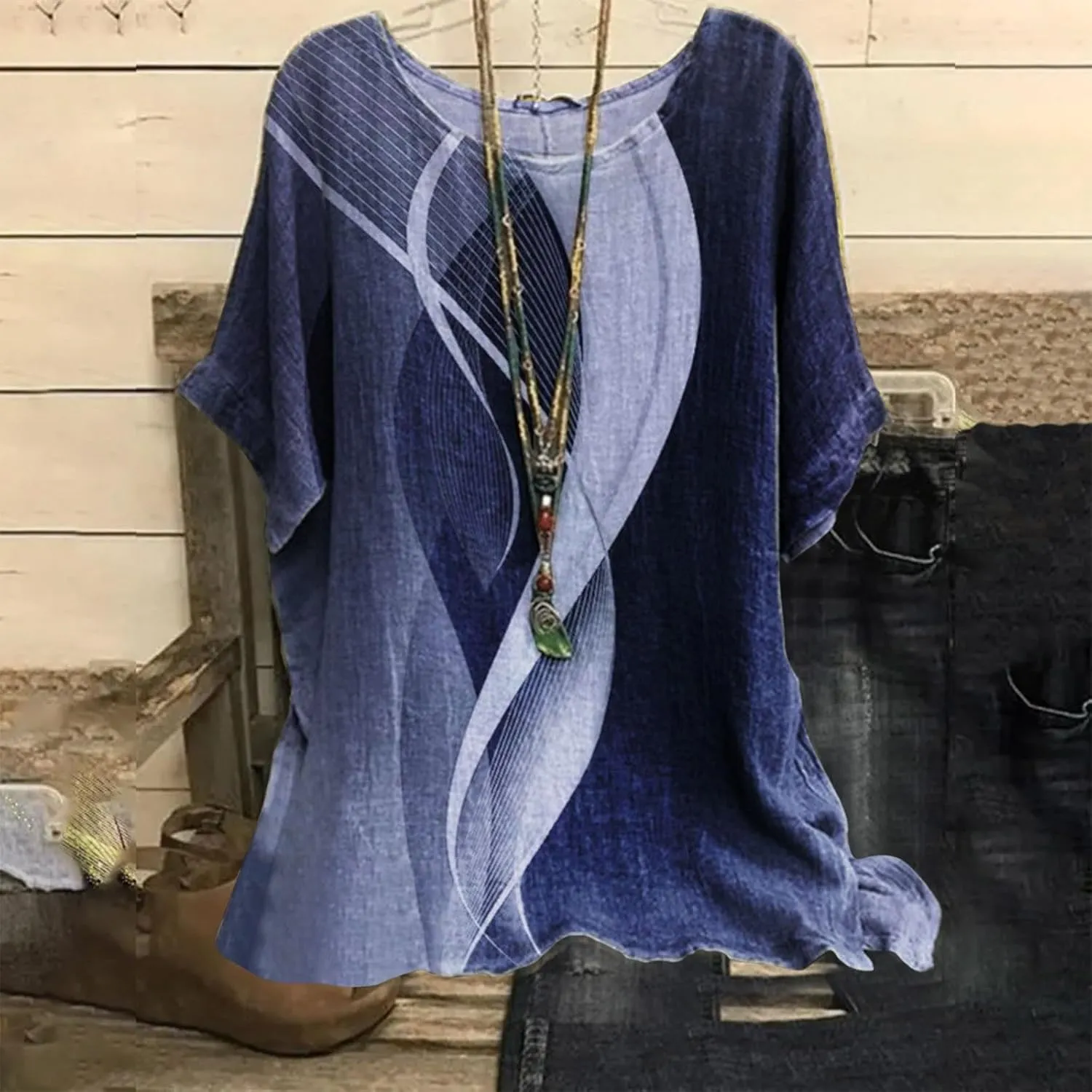 Women's Boho Floral Print Short Sleeve Linen Shirts Loose Fit Crewneck Tie Dye Summer Blouses Soft Breathable T-Shirt