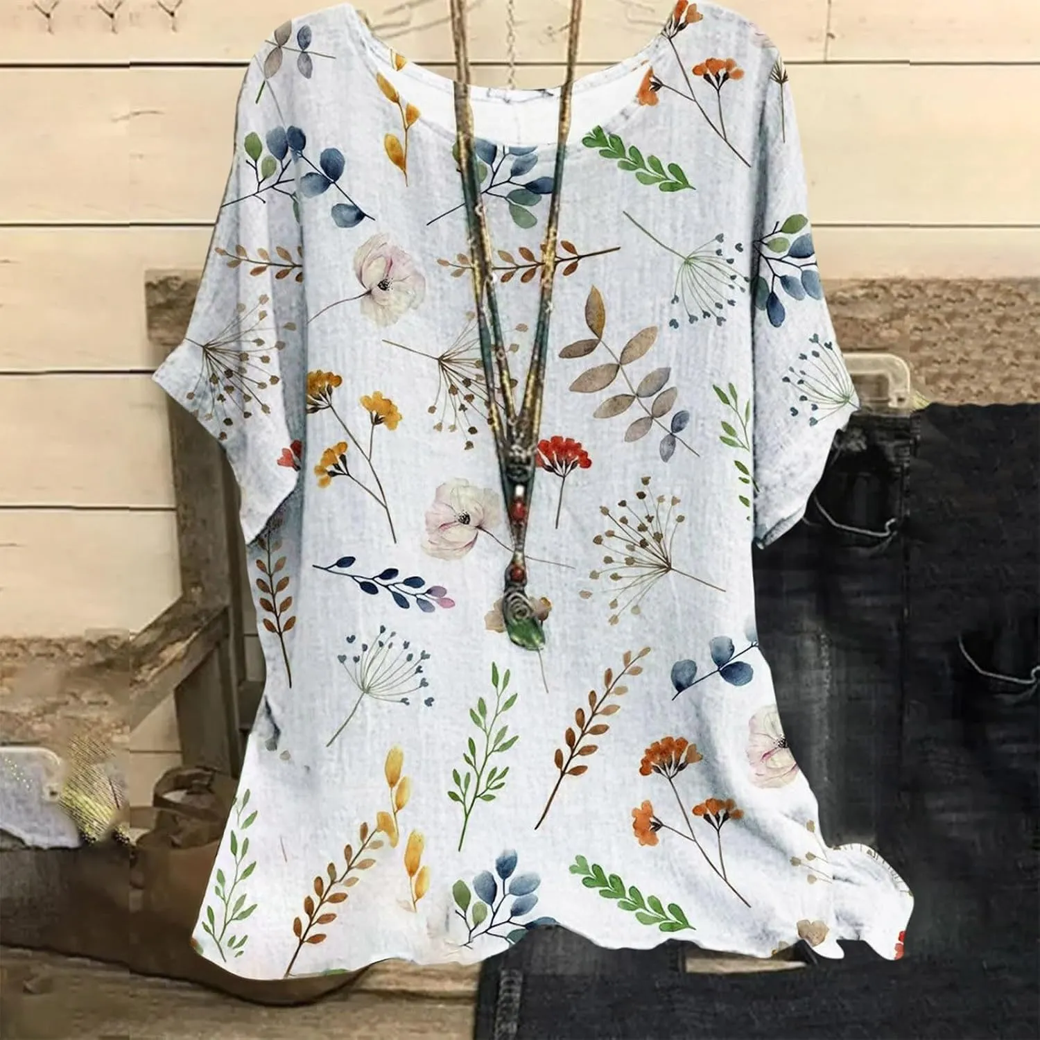 Women's Boho Floral Print Short Sleeve Linen Shirts Loose Fit Crewneck Tie Dye Summer Blouses Soft Breathable T-Shirt