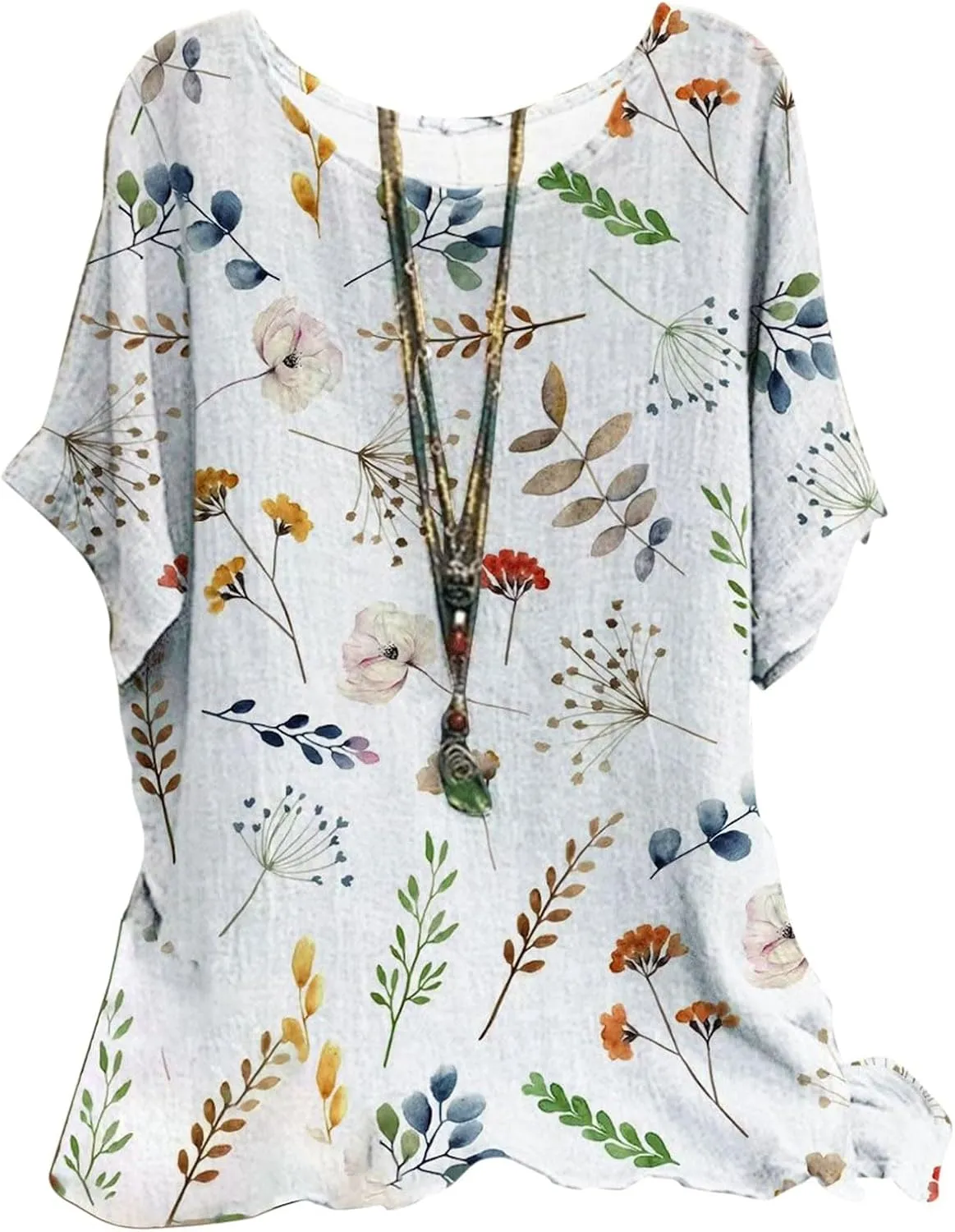 Women's Boho Floral Print Short Sleeve Linen Shirts Loose Fit Crewneck Tie Dye Summer Blouses Soft Breathable T-Shirt