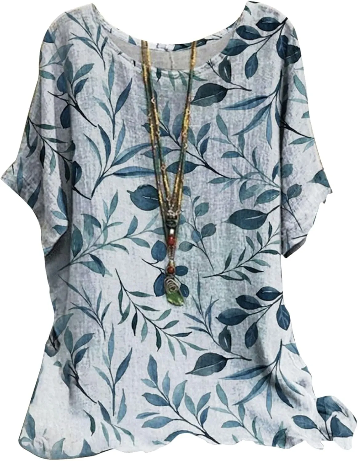 Women's Boho Floral Print Short Sleeve Linen Shirts Loose Fit Crewneck Tie Dye Summer Blouses Soft Breathable T-Shirt