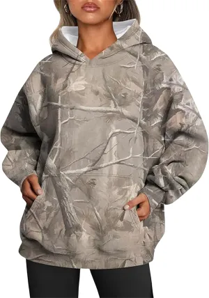 Womens Camo Hoodies Maple Leaf Print Oversized Hooded Sweatshirt Y2K Trendy Hoodie Casual Pullover Fall Spring Clothes