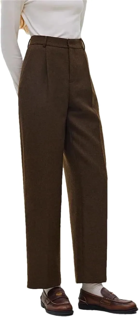 Women's Classic High Waist Wool Straight Pants Retro Padded Trousers