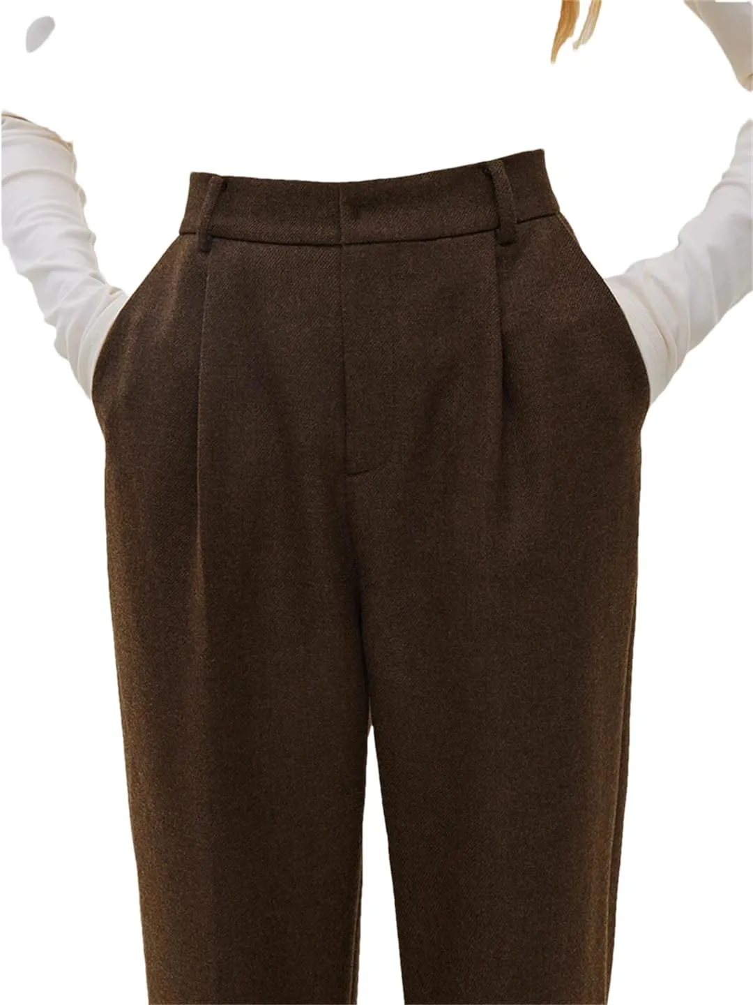 Women's Classic High Waist Wool Straight Pants Retro Padded Trousers