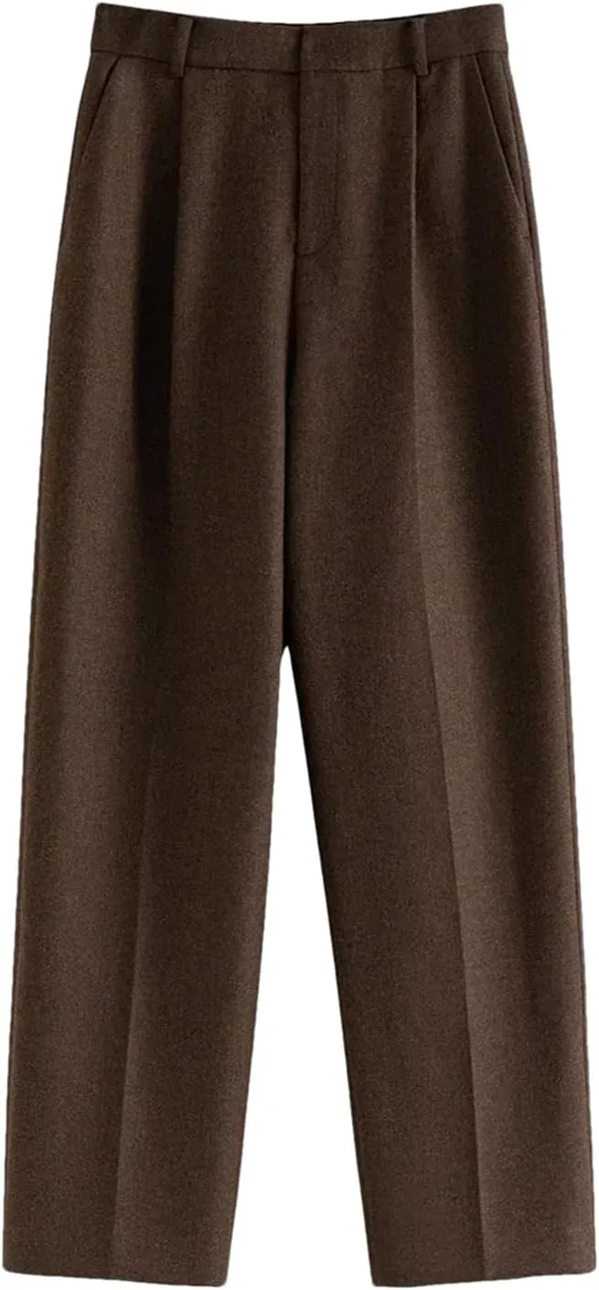 Women's Classic High Waist Wool Straight Pants Retro Padded Trousers