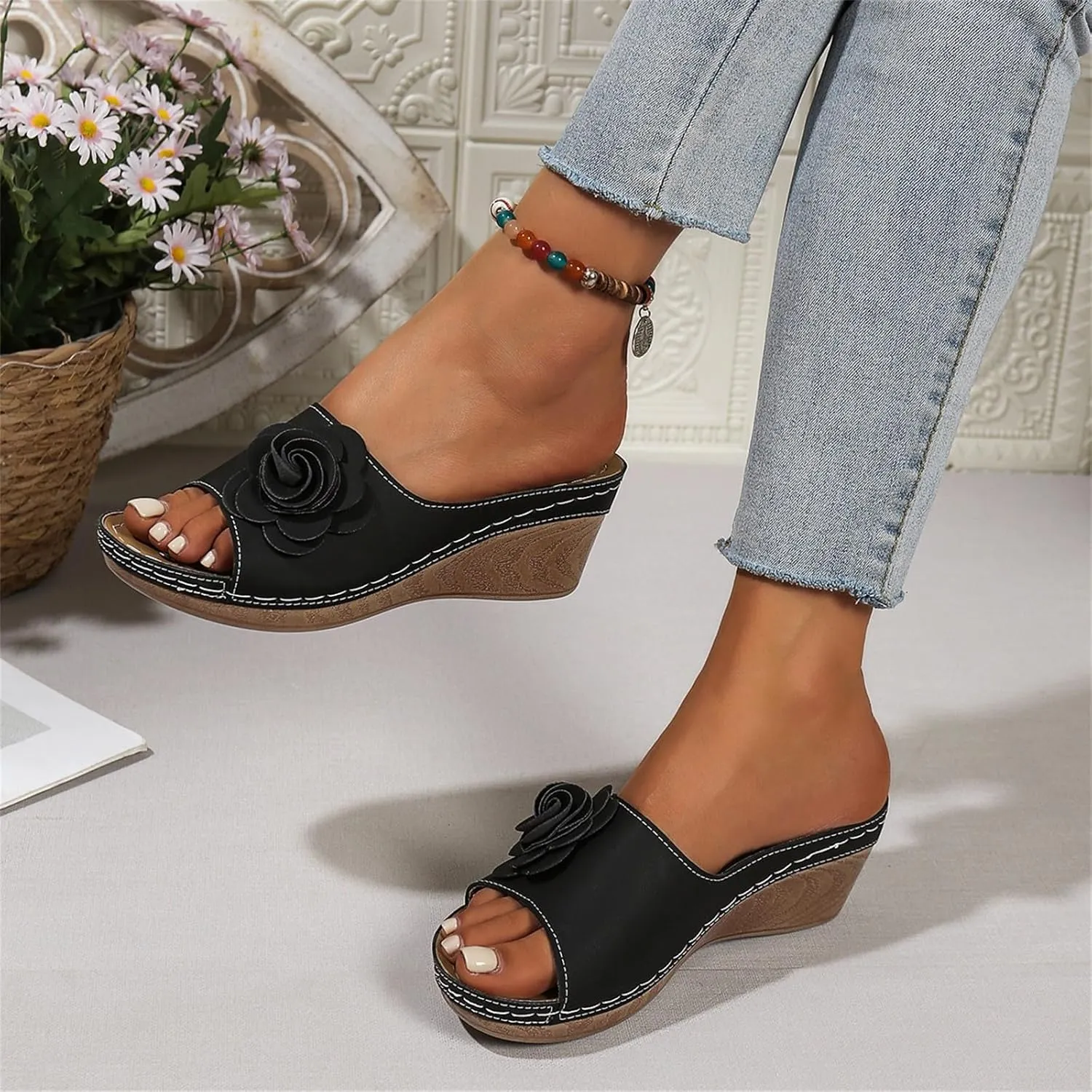 Womens Comfort Wedge Slide Sandals Open-Toe Low Heel Arch Support Orthopedic Sandals Slip On Wide Width Fish Mouth Beacha Shoes