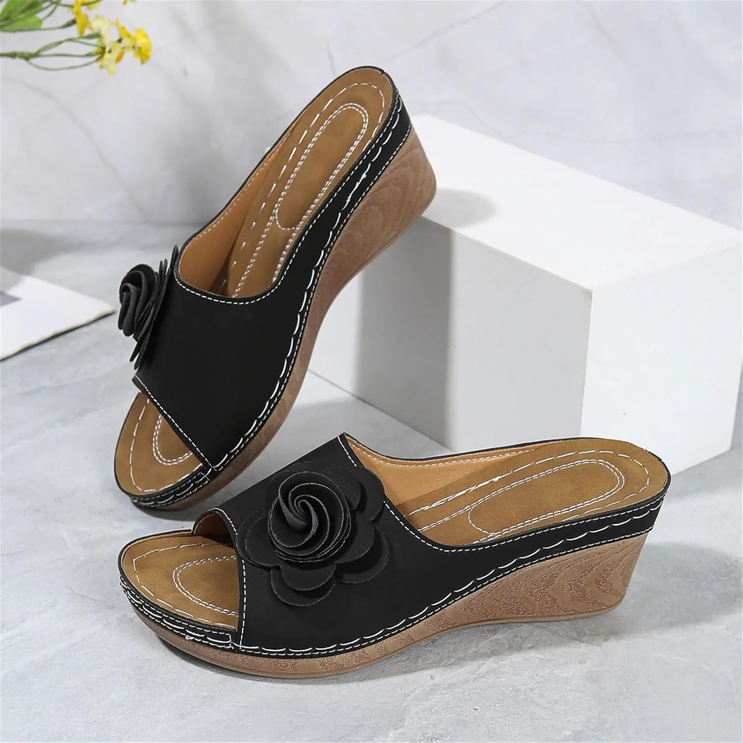 Womens Comfort Wedge Slide Sandals Open-Toe Low Heel Arch Support Orthopedic Sandals Slip On Wide Width Fish Mouth Beacha Shoes