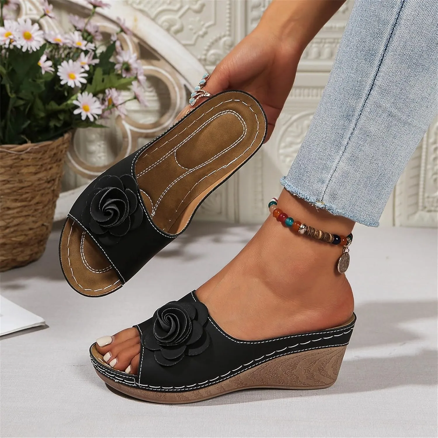 Womens Comfort Wedge Slide Sandals Open-Toe Low Heel Arch Support Orthopedic Sandals Slip On Wide Width Fish Mouth Beacha Shoes