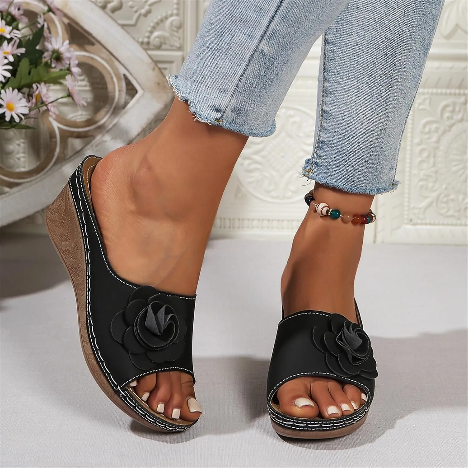 Womens Comfort Wedge Slide Sandals Open-Toe Low Heel Arch Support Orthopedic Sandals Slip On Wide Width Fish Mouth Beacha Shoes
