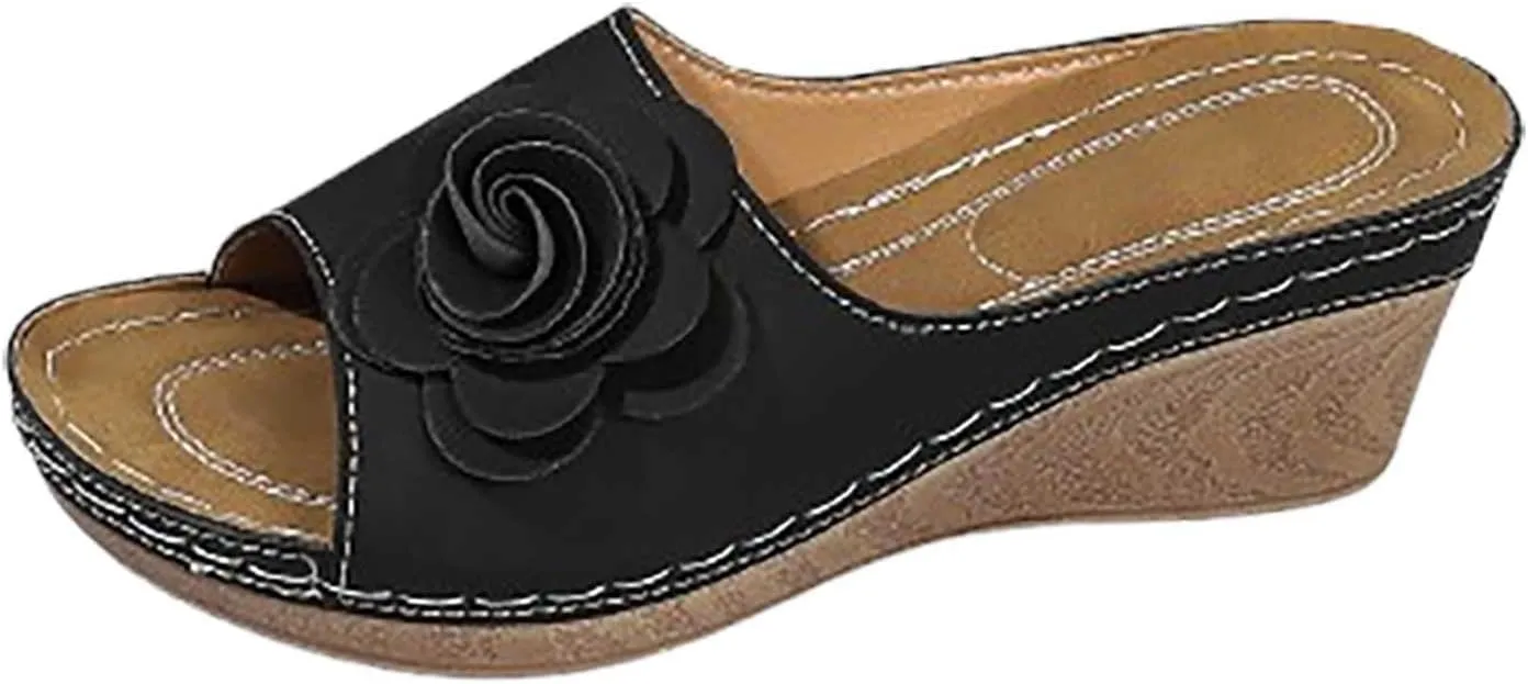 Womens Comfort Wedge Slide Sandals Open-Toe Low Heel Arch Support Orthopedic Sandals Slip On Wide Width Fish Mouth Beacha Shoes