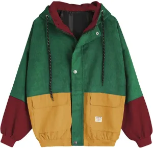 Women's Corduroy Hoodie Jacket Vintage Color Block Long Sleeve Coat Oversized Zipper Cargo Jackets with Pockets