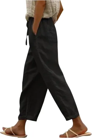 Women's Cotton Linen Pants Plus Cropped Pants Summer Lightweight Pants Classic Straight Leg Trousers Elastic Waist Pants