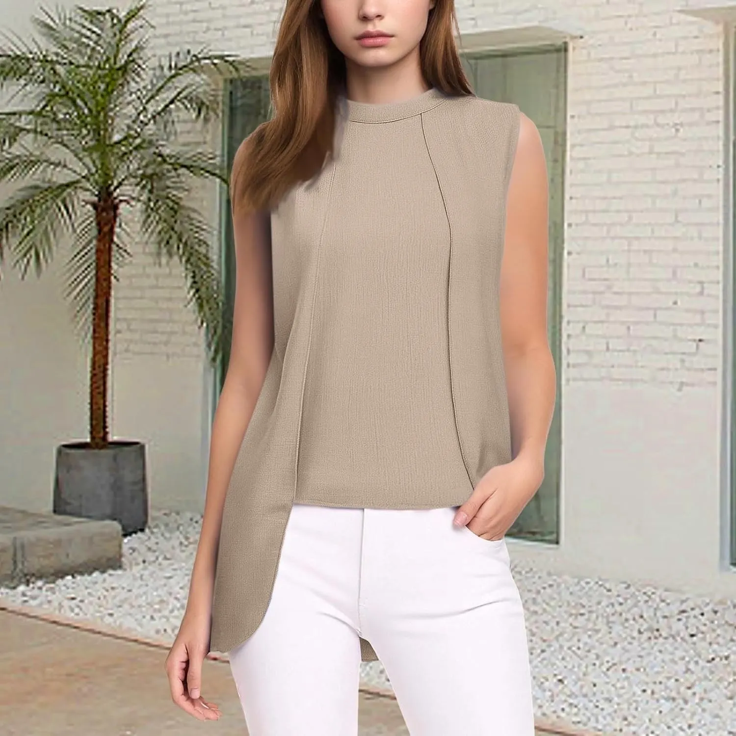 Women's Crew Neck Sleeveless Casual Tank Tops Summer Irregular Going Out Tank Tops Slim Solid Color Trendy