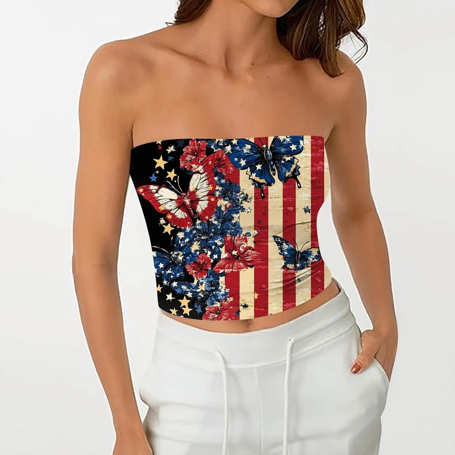 Womens Cropped 4th of July Tube Tops Cute Sleeveless Strapless American Flag Tank Tops Patriotic Shirts