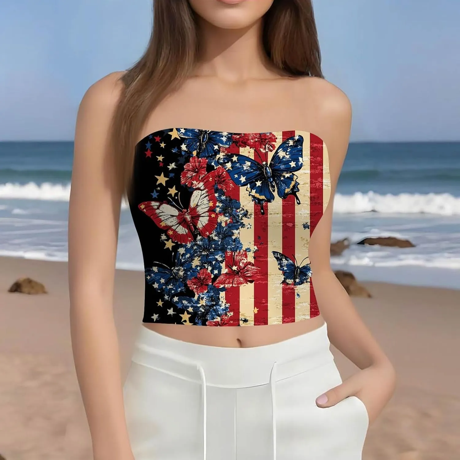 Womens Cropped 4th of July Tube Tops Cute Sleeveless Strapless American Flag Tank Tops Patriotic Shirts