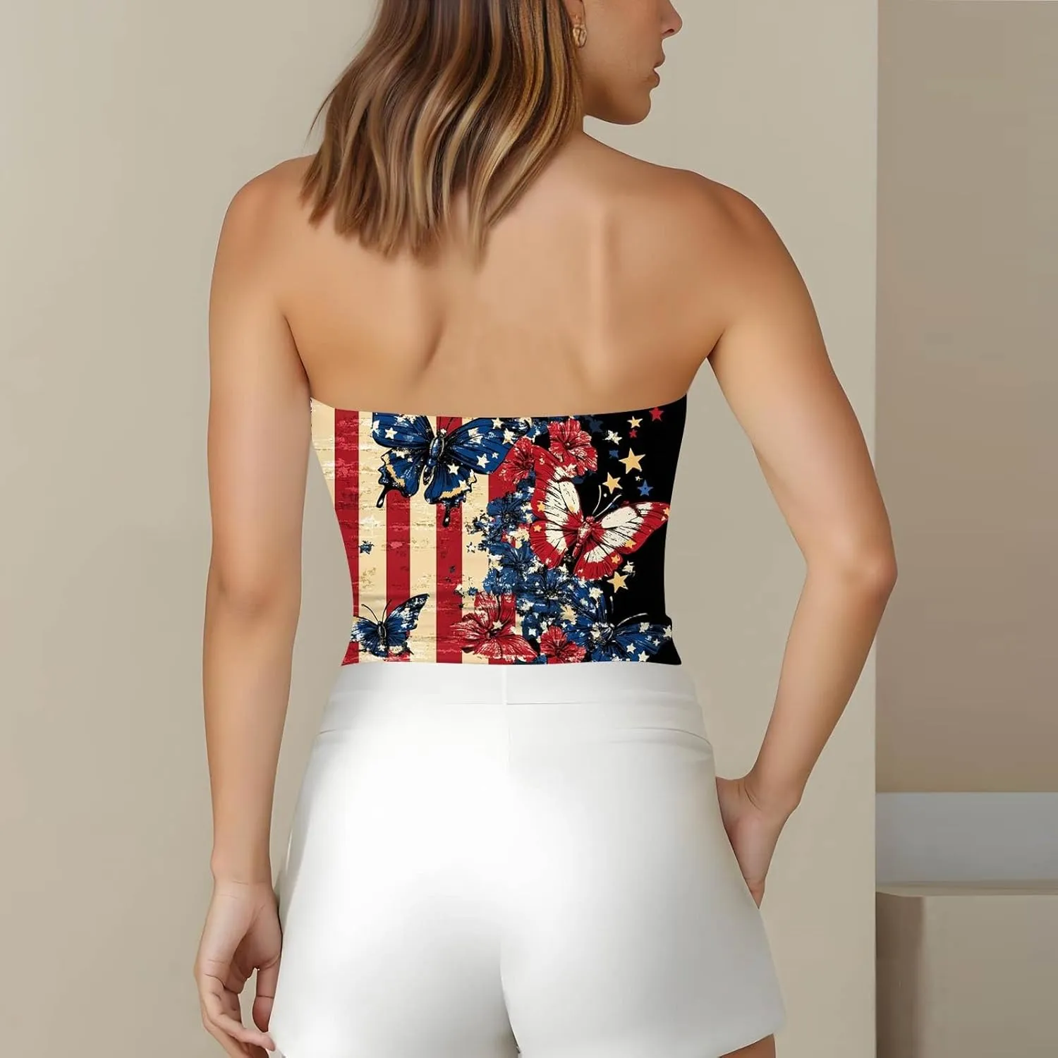 Womens Cropped 4th of July Tube Tops Cute Sleeveless Strapless American Flag Tank Tops Patriotic Shirts