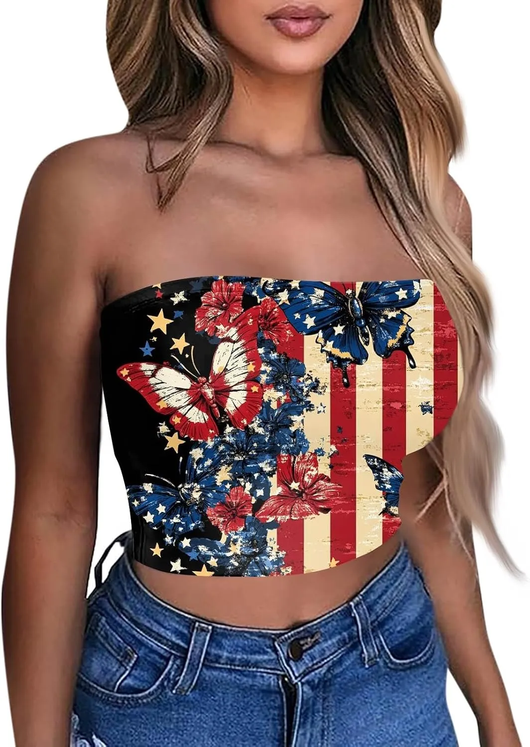 Womens Cropped 4th of July Tube Tops Cute Sleeveless Strapless American Flag Tank Tops Patriotic Shirts