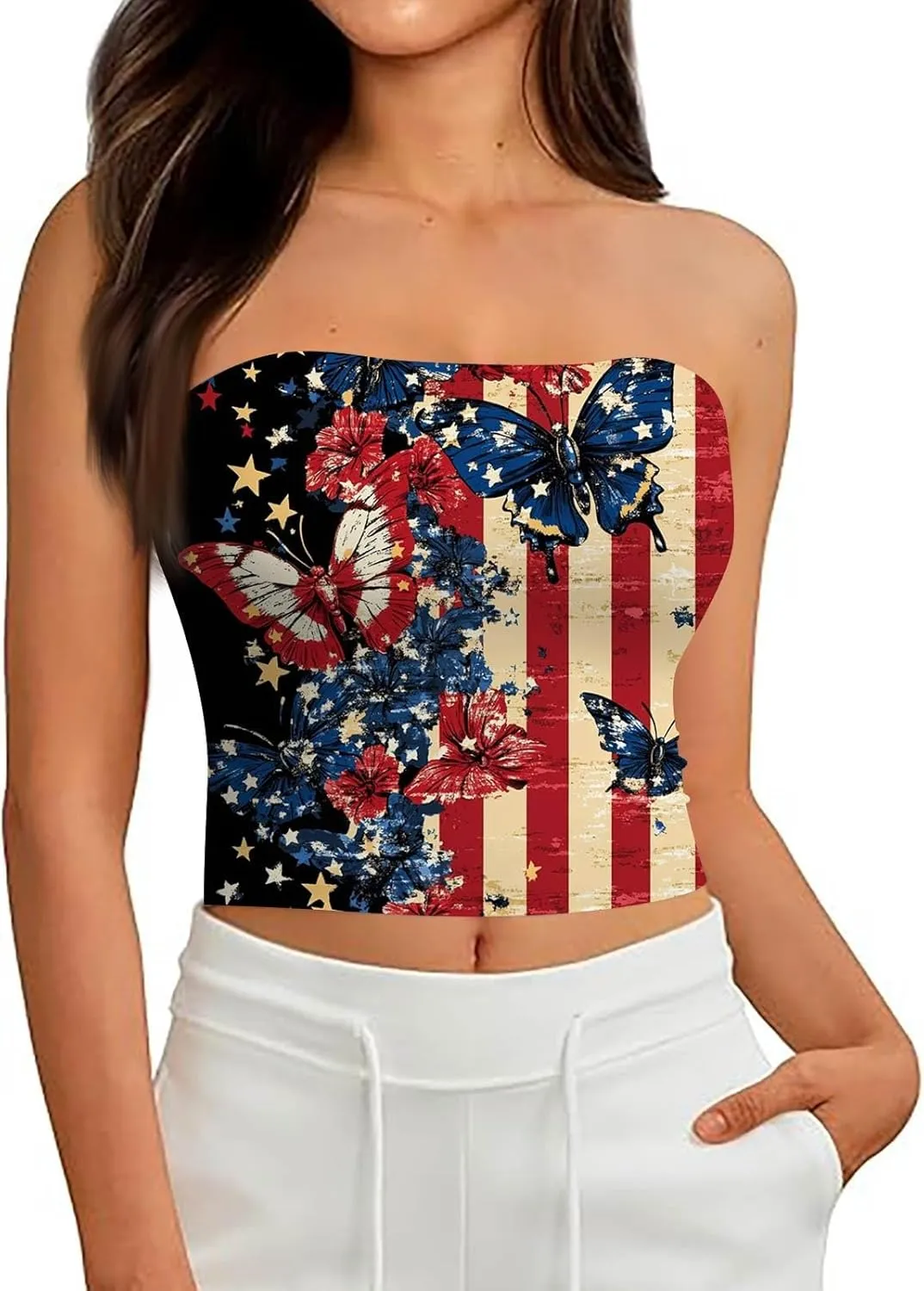 Womens Cropped 4th of July Tube Tops Cute Sleeveless Strapless American Flag Tank Tops Patriotic Shirts