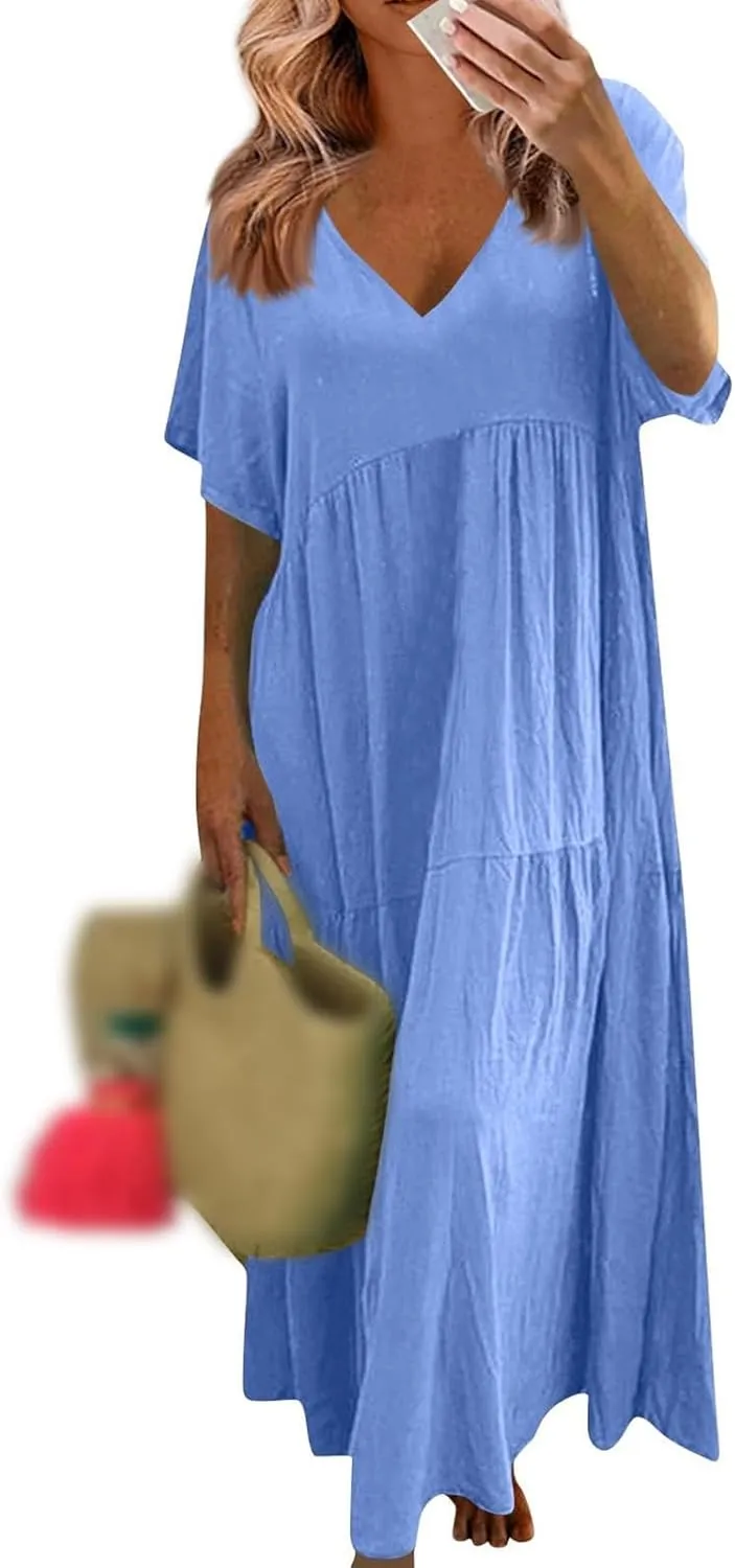 Women's Dresses Plus Size V Neck Short Sleeve Maxi Dress Loose Fit Floor Maxi Dress Ruffle Flowy Swing Sundress 2025