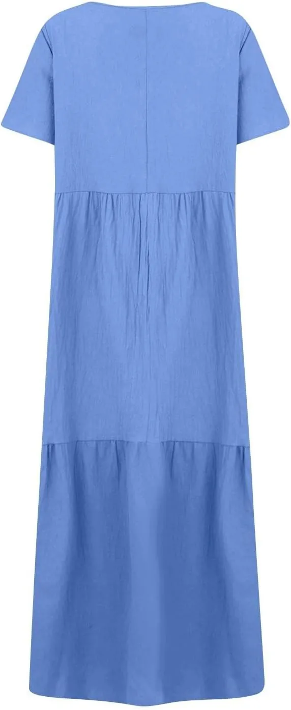Women's Dresses Plus Size V Neck Short Sleeve Maxi Dress Loose Fit Floor Maxi Dress Ruffle Flowy Swing Sundress 2025