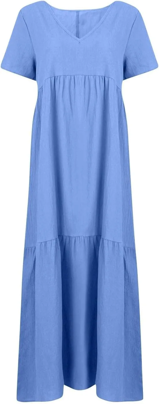Women's Dresses Plus Size V Neck Short Sleeve Maxi Dress Loose Fit Floor Maxi Dress Ruffle Flowy Swing Sundress 2025