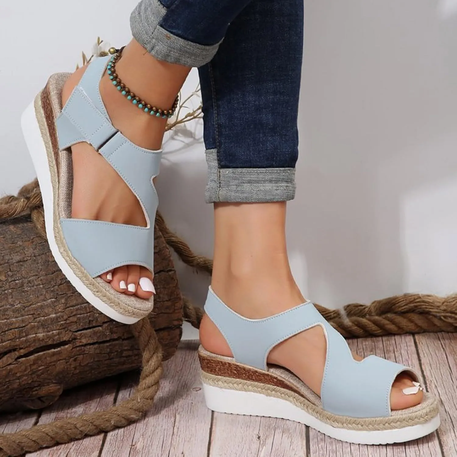 Women's Elastic Ankle Strap Open Toe Platform Wedge Sandals Summer Dressy Orthopedic Sandals with Arch Support Strappy Espadrilles Sandals Casual Walking Shoes, 7, Blue