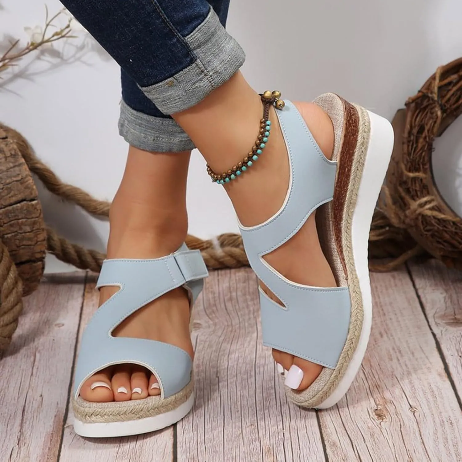 Women's Elastic Ankle Strap Open Toe Platform Wedge Sandals Summer Dressy Orthopedic Sandals with Arch Support Strappy Espadrilles Sandals Casual Walking Shoes, 7, Blue