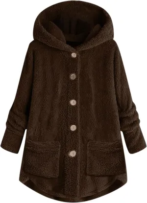Women's Fashion Winter Coat Long Sleeve Hooded Button Faux Shearling Shaggy Oversized Shacket Jacket