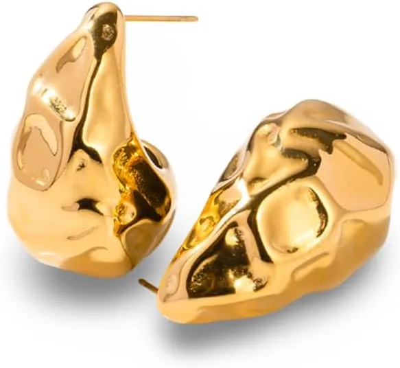 Women's Gold-Plated Stainless Steel Hammered Chunky Organic Teardrop Stud Earrings