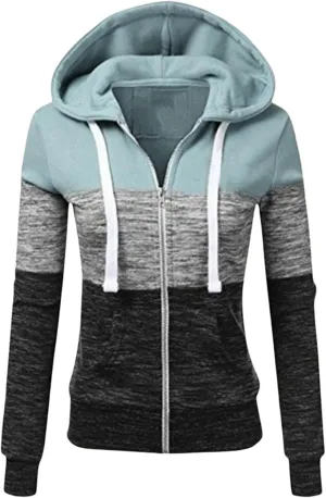Womens Hooded Sweatshirts Color Block Full Zip Up Jackets Long Sleeve Striped Coats Drawstring Outwear with Pockets