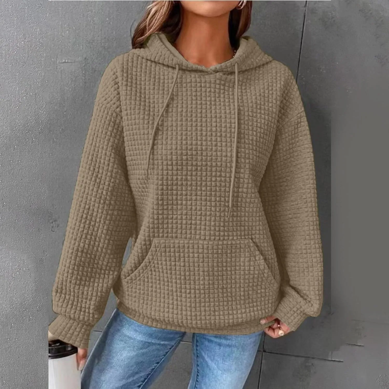 Womens Hoodies Casual Long Sleeve Drawstring Waffle Knit Pullover Tops Loose Hooded Sweatshirt with Pocket Fall Clothes