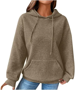 Womens Hoodies Casual Long Sleeve Drawstring Waffle Knit Pullover Tops Loose Hooded Sweatshirt with Pocket Fall Clothes